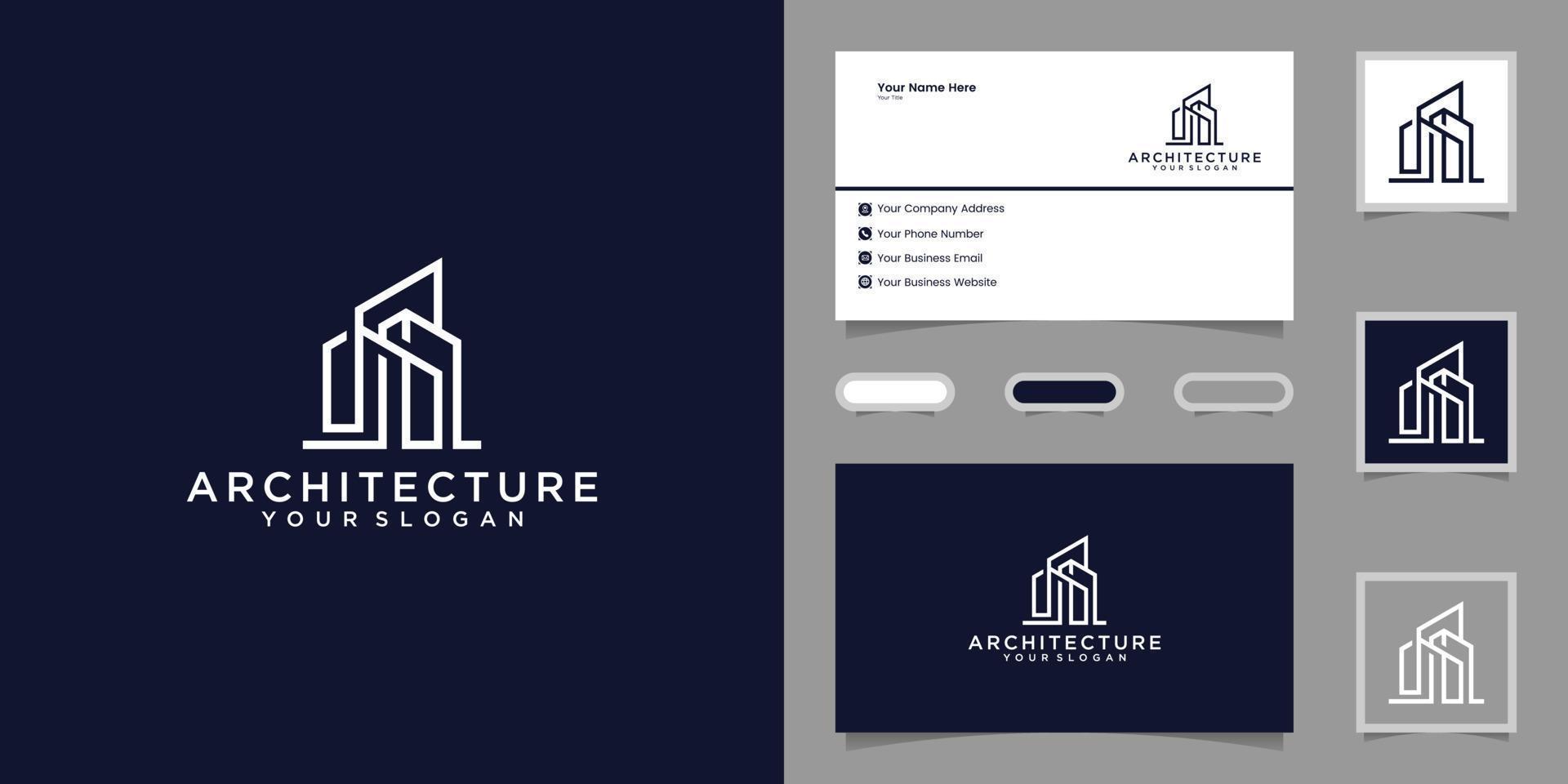 diseño de logotipo de arquitectura de edificio moderno simple con plantilla de diseño de arte de línea de rascacielos y tarjeta de visita vector