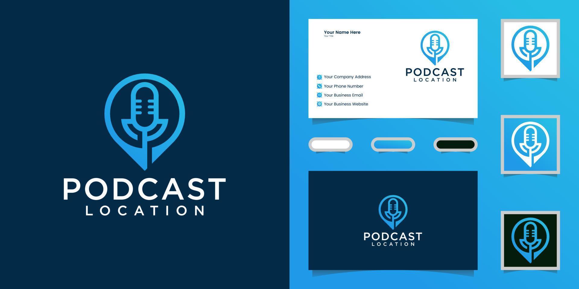 podcast microphone with pin map locations logo design  and business card vector