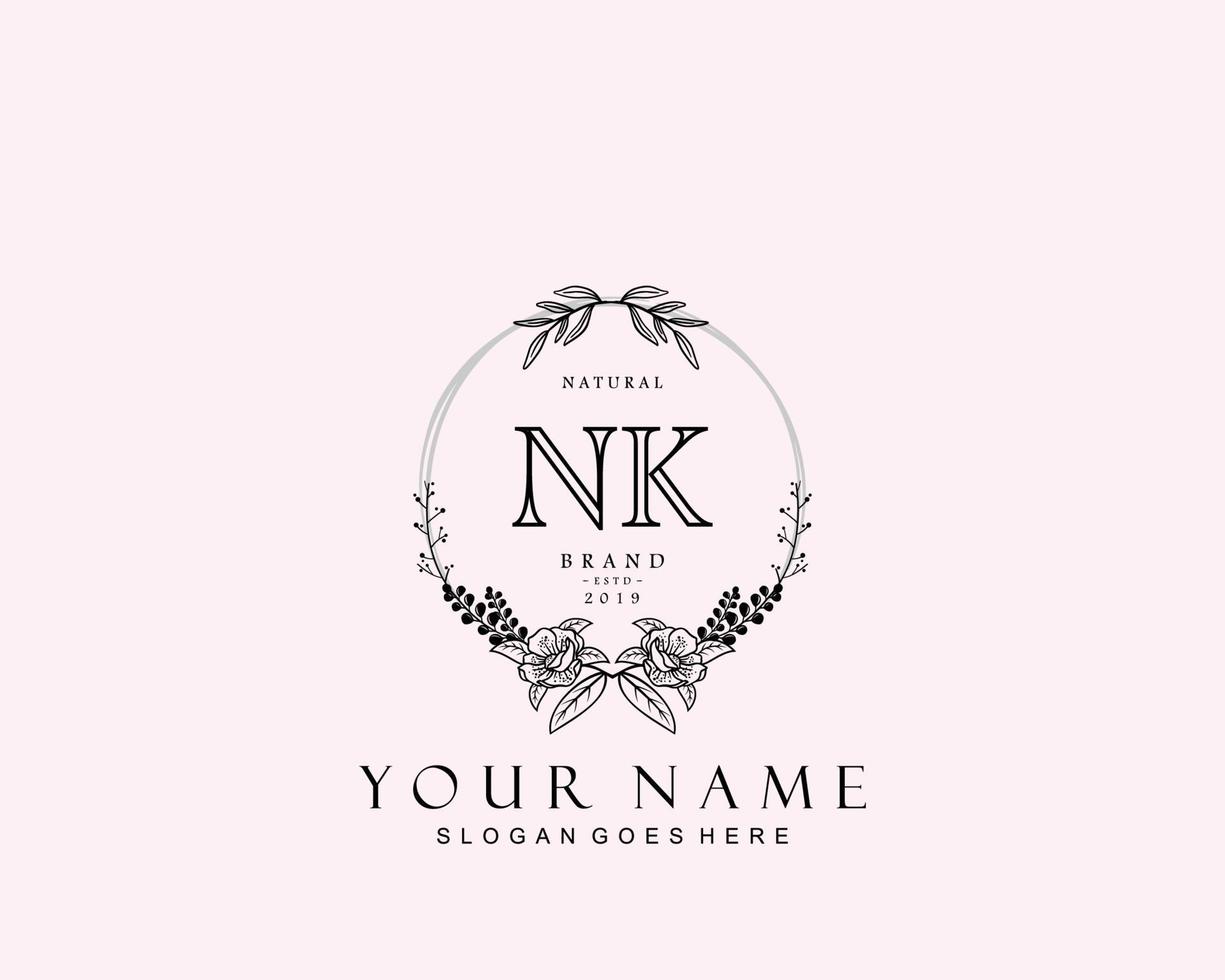 monograma de belleza nk inicial y diseño de logotipo elegante, logotipo de escritura a mano de firma inicial, boda, moda, floral y botánica con plantilla creativa. vector