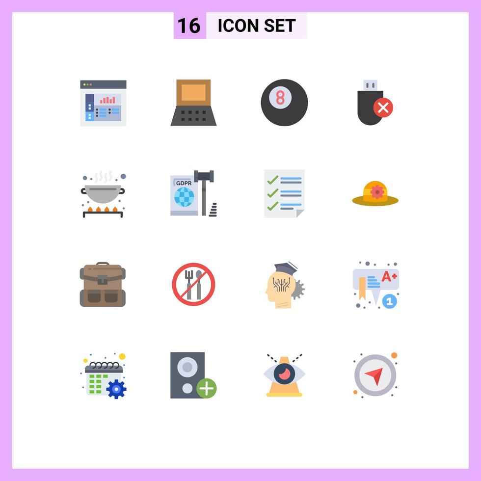 16 User Interface Flat Color Pack of modern Signs and Symbols of business kitchen computers cooking stick Editable Pack of Creative Vector Design Elements