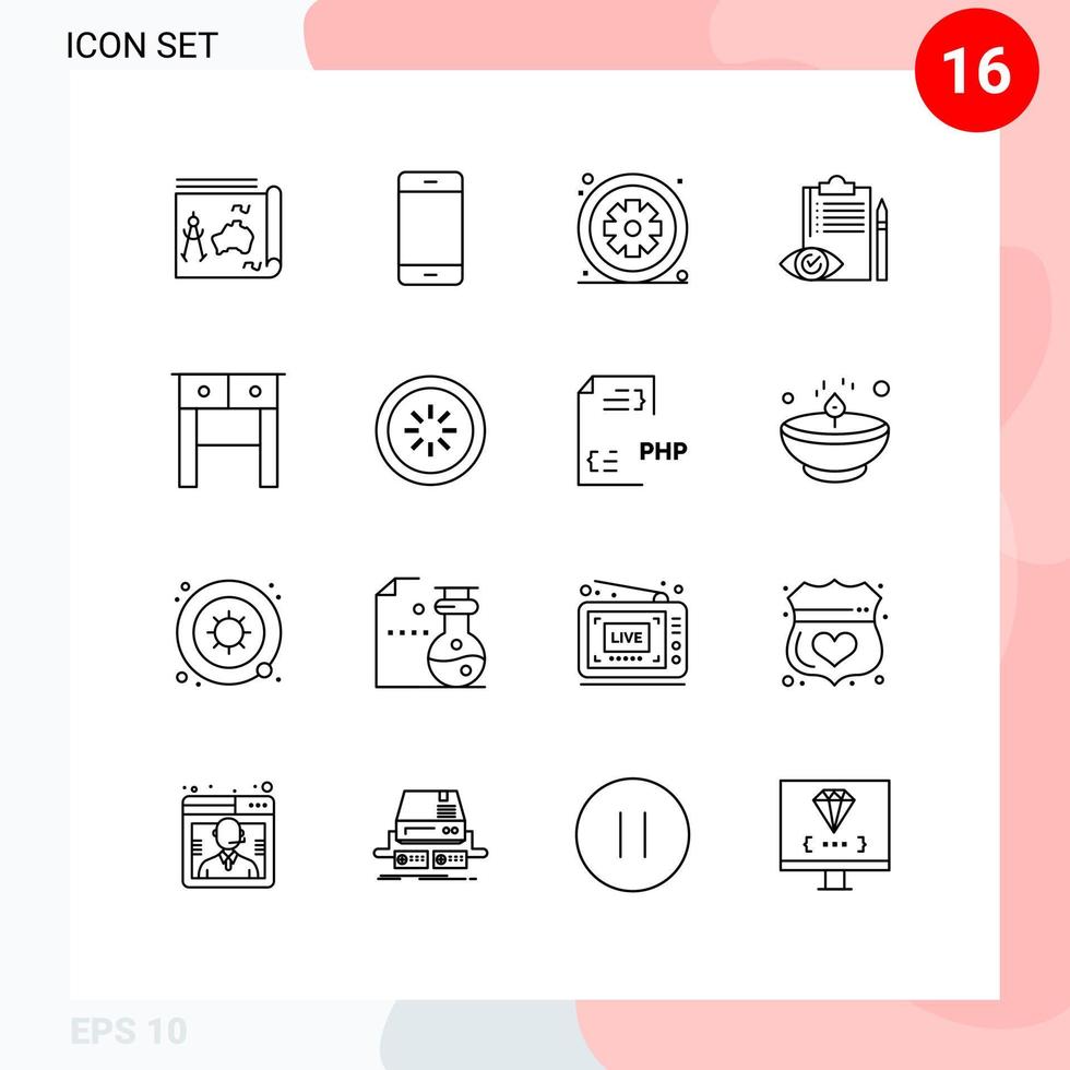 Pack of 16 Modern Outlines Signs and Symbols for Web Print Media such as checklist quality control hardware medical healthcare Editable Vector Design Elements