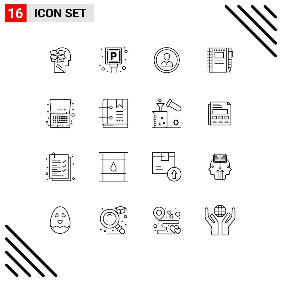 Pack of 16 Modern Outlines Signs and Symbols for Web Print Media such as drawing user sign profile people Editable Vector Design Elements