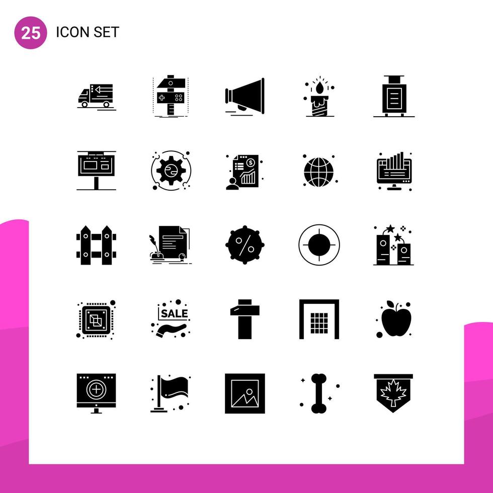 Editable Vector Line Pack of 25 Simple Solid Glyphs of briefcase love game wedding candle Editable Vector Design Elements