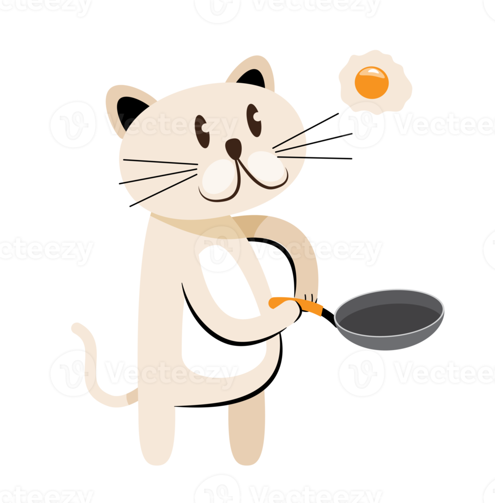 cat character cooking with pan fried egg png