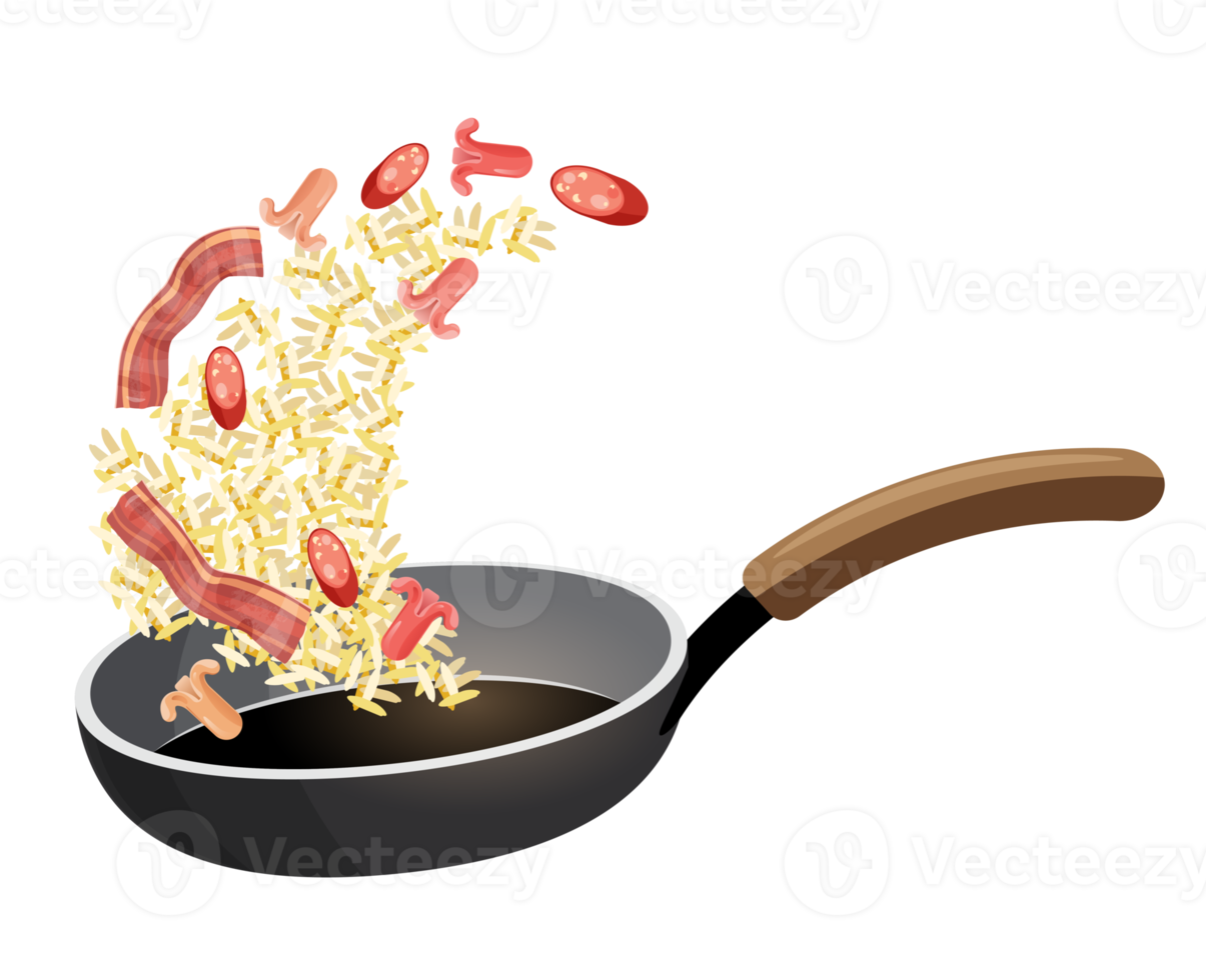 fried rice with bacon and sausage in a pan png