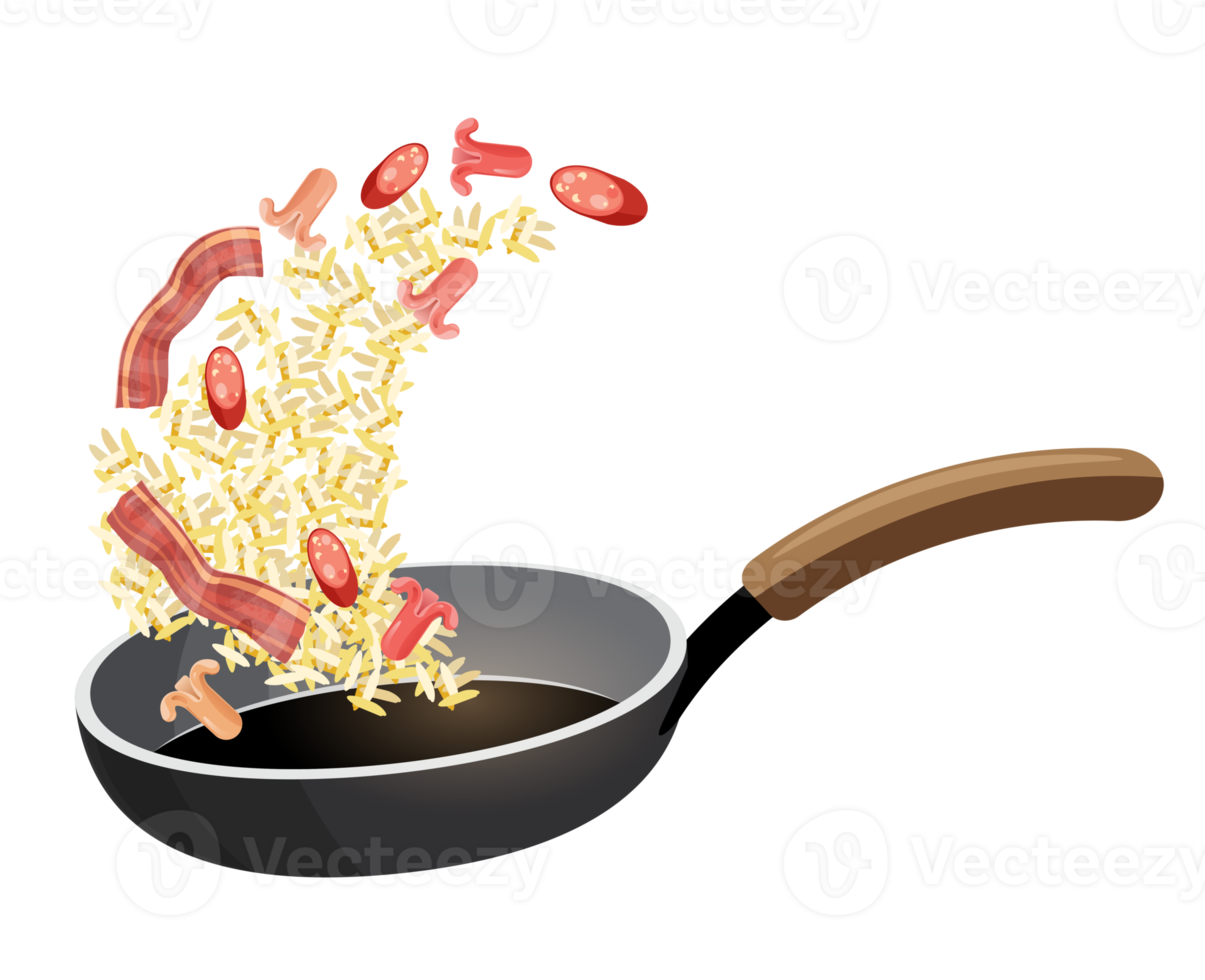 gebakken rijst- met spek en worst in een pan png