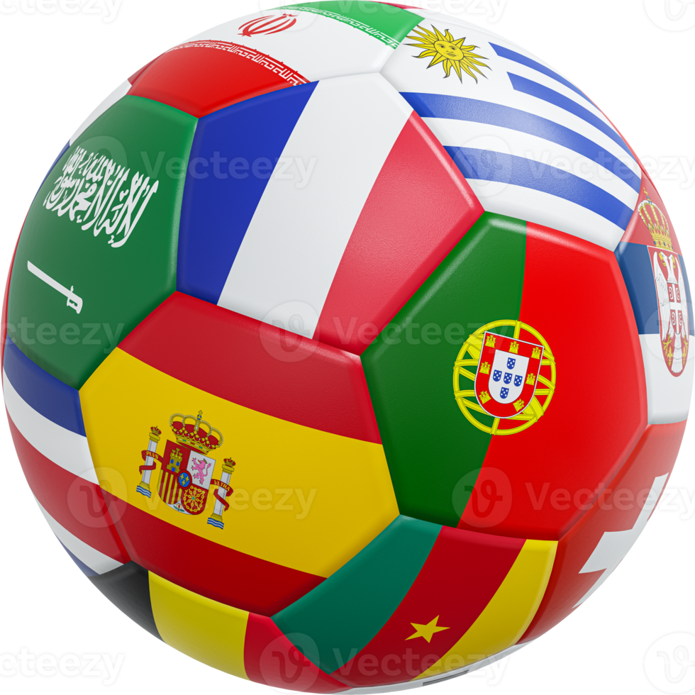 Soccer ball with international flags pattern and leather texture . Isolated . 3D rendering . png