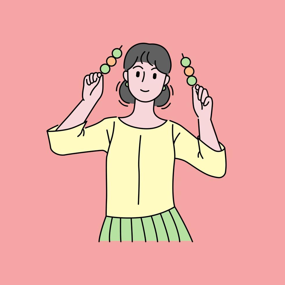 Young woman eating japanese china street food dango balls. vector