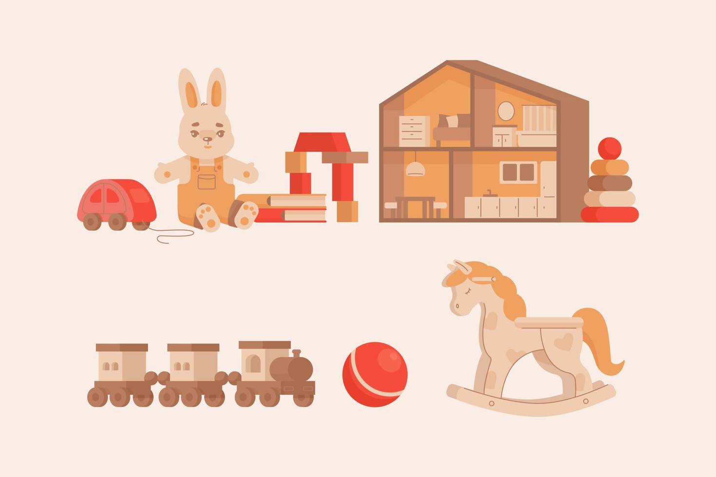 Set of different childrens toys, car, plush rabbit, cubes, dollhouse, steam locomotive, ball. vector