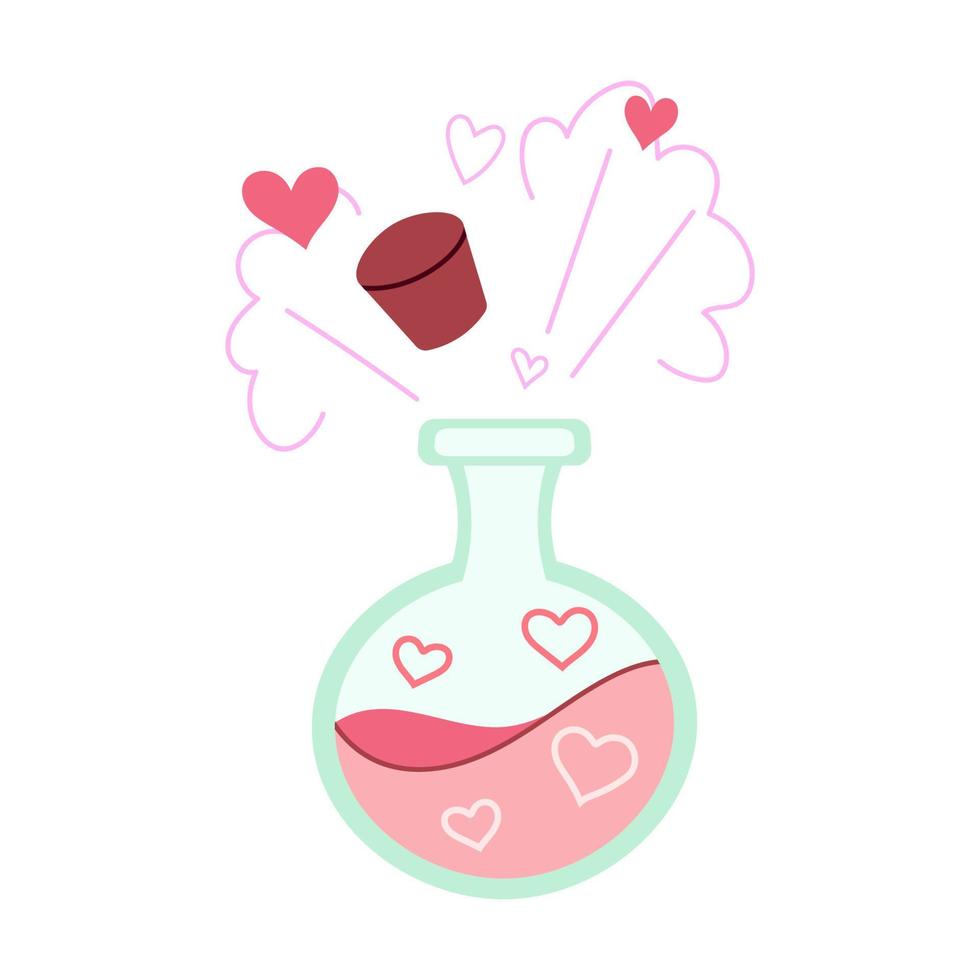 botella de poción de amor mágica dibujada a mano con corazones. garabato en estilo de dibujos animados. día de San Valentín. ilustración vectorial para diseño aislado sobre fondo blanco. vector