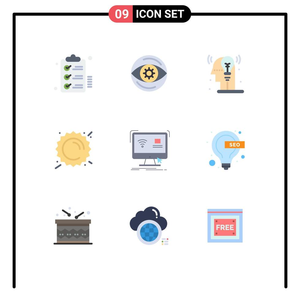 Flat Color Pack of 9 Universal Symbols of control sunny vision sun idea Editable Vector Design Elements