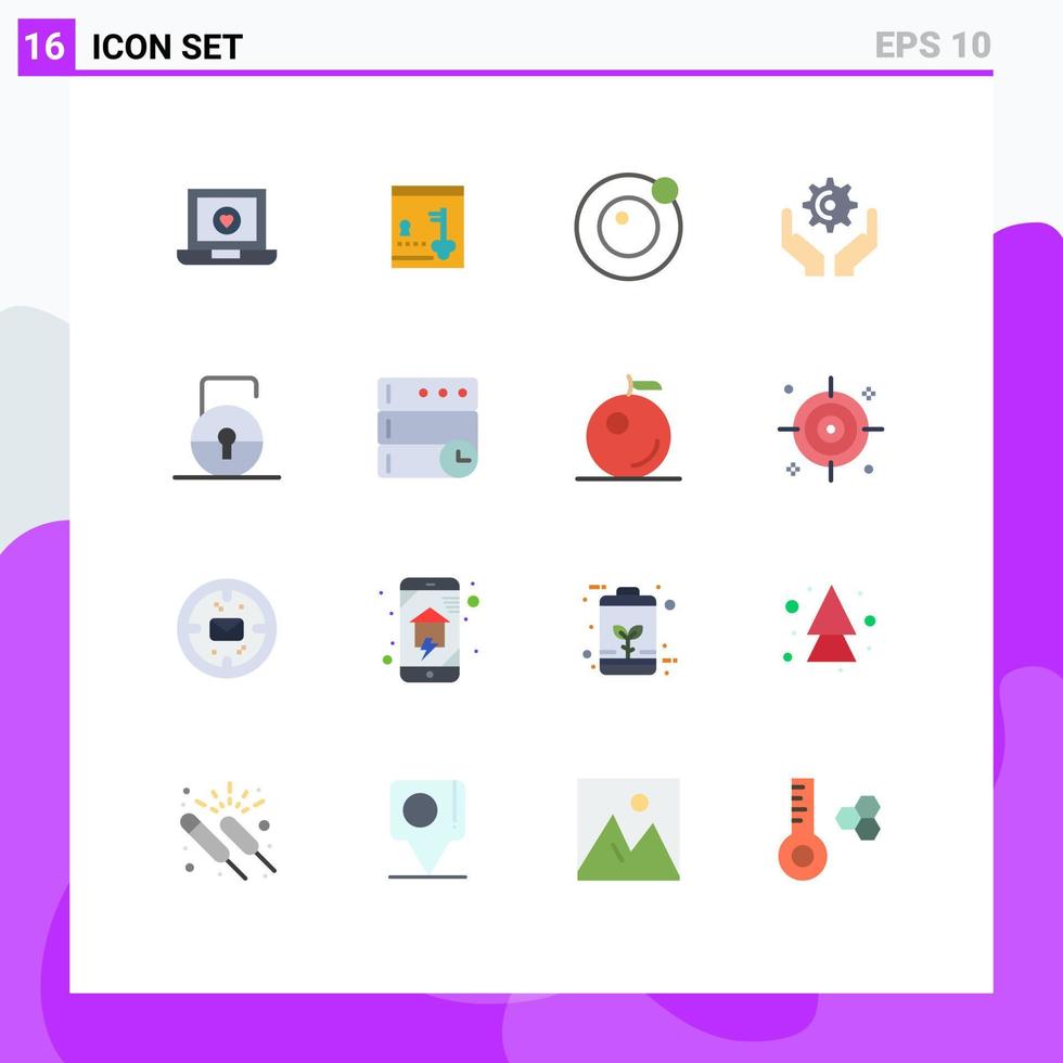 Group of 16 Flat Colors Signs and Symbols for protect key moon hold cog Editable Pack of Creative Vector Design Elements