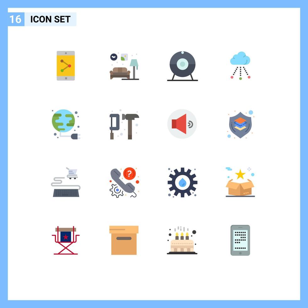 Modern Set of 16 Flat Colors and symbols such as globe plug camera energy storage Editable Pack of Creative Vector Design Elements