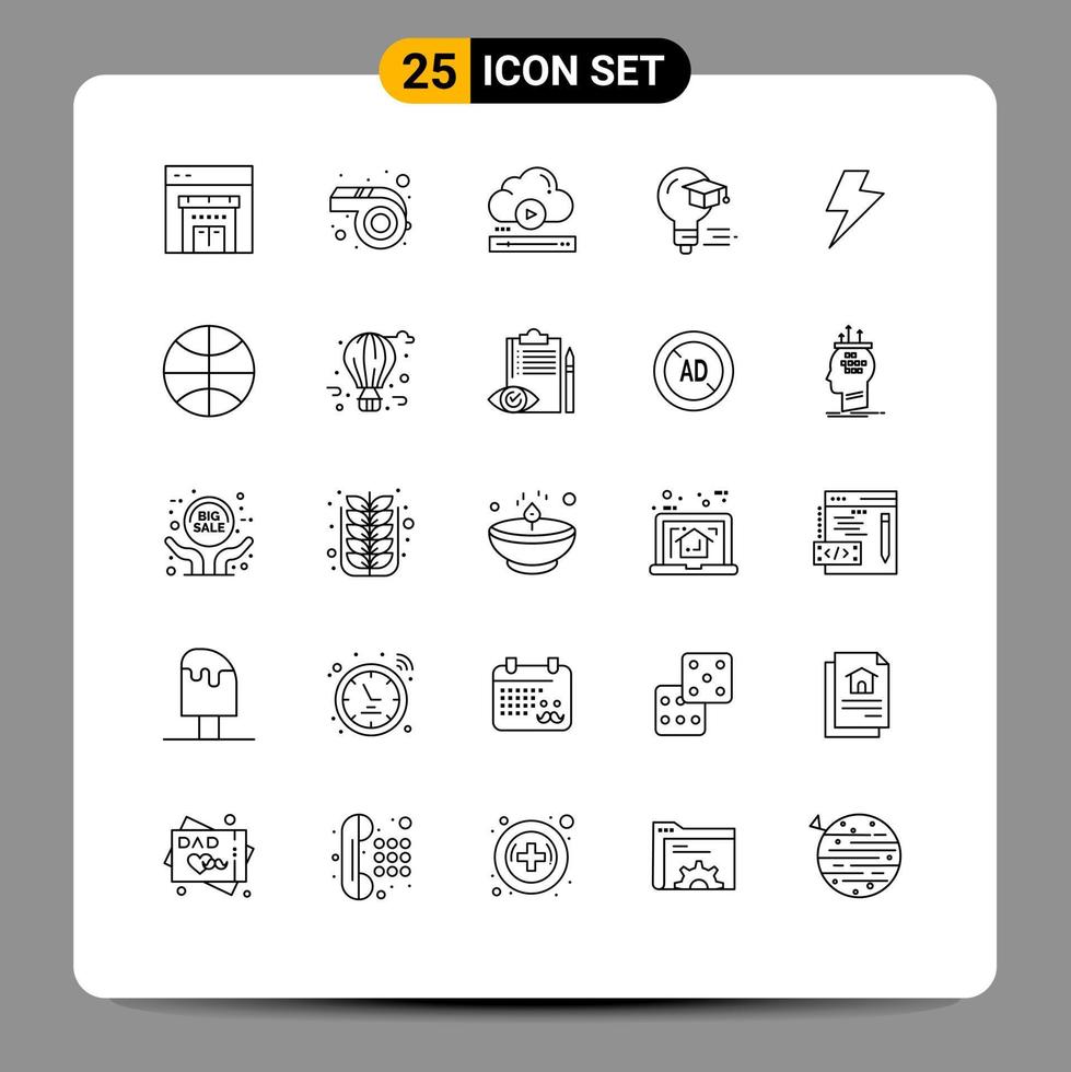 Modern Set of 25 Lines and symbols such as electric power player graduation cap Editable Vector Design Elements