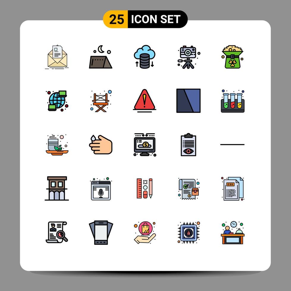 User Interface Pack of 25 Basic Filled line Flat Colors of coin hobby travel hobbies video Editable Vector Design Elements