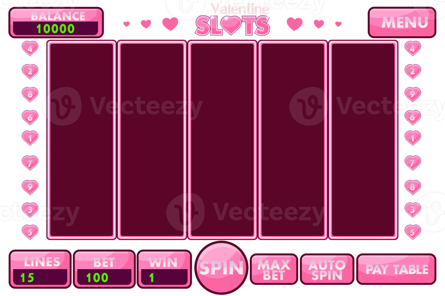 Interface slot machine style St. Valentine. Complete menu of graphical user interface and set of buttons png