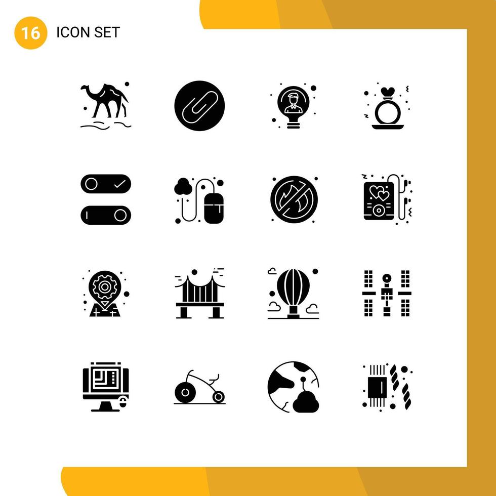 16 Thematic Vector Solid Glyphs and Editable Symbols of women proposal bulb heart user Editable Vector Design Elements