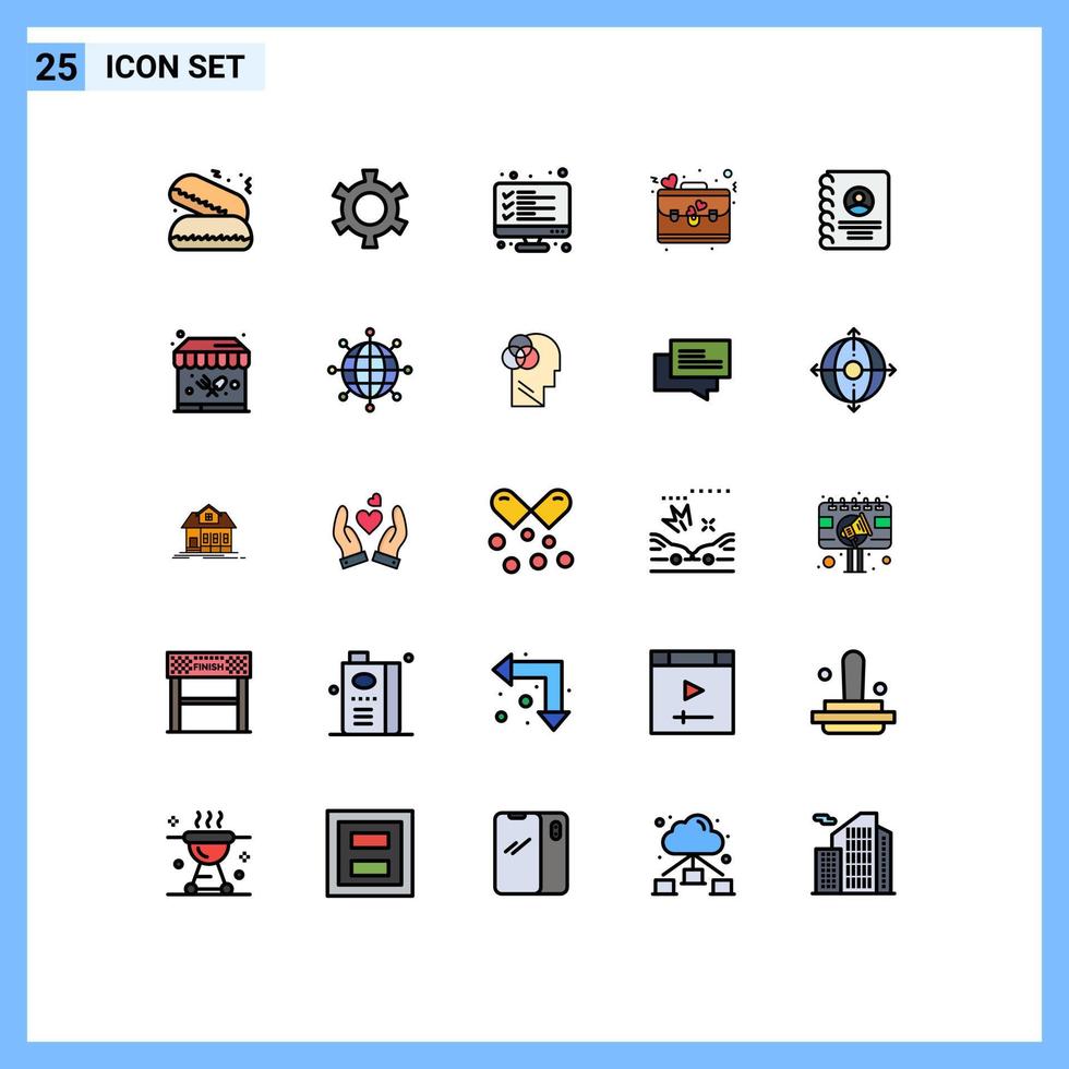 Group of 25 Filled line Flat Colors Signs and Symbols for user contacts data love briefcase Editable Vector Design Elements