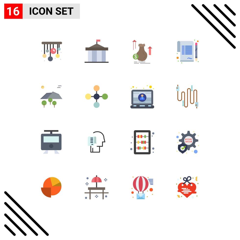 16 User Interface Flat Color Pack of modern Signs and Symbols of landscape sign money paper stock Editable Pack of Creative Vector Design Elements