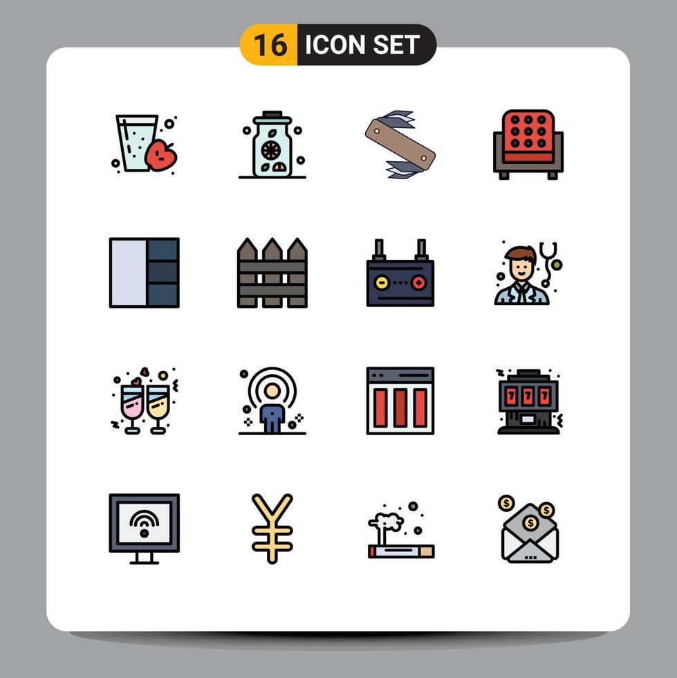 Set of 16 Commercial Flat Color Filled Lines pack for layout sofa army seat furniture Editable Creative Vector Design Elements