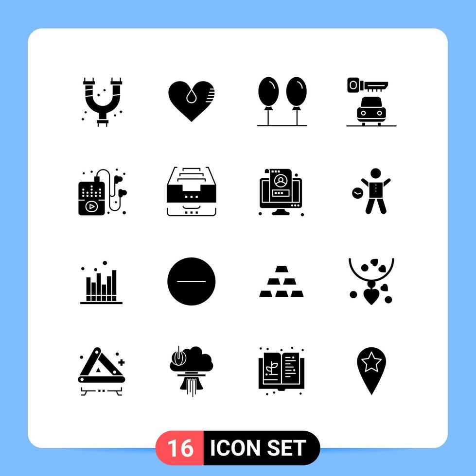 Modern Set of 16 Solid Glyphs Pictograph of music hobbies gift security car Editable Vector Design Elements