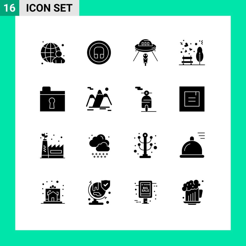 Modern Set of 16 Solid Glyphs and symbols such as folder park alien love mars Editable Vector Design Elements