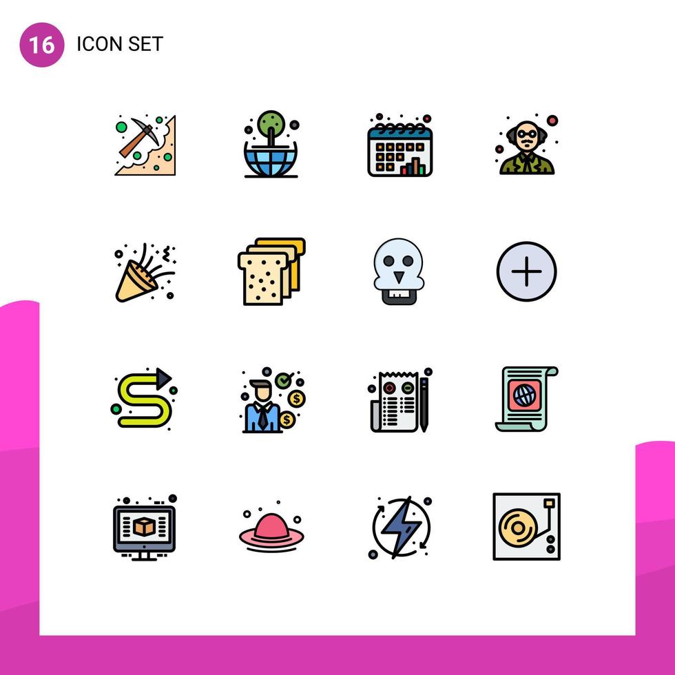 grupo de 16 líneas rellenas de color plano, signos y símbolos para el calendario de cumpleaños de confeti, persona científica, elementos de diseño de vectores creativos editables