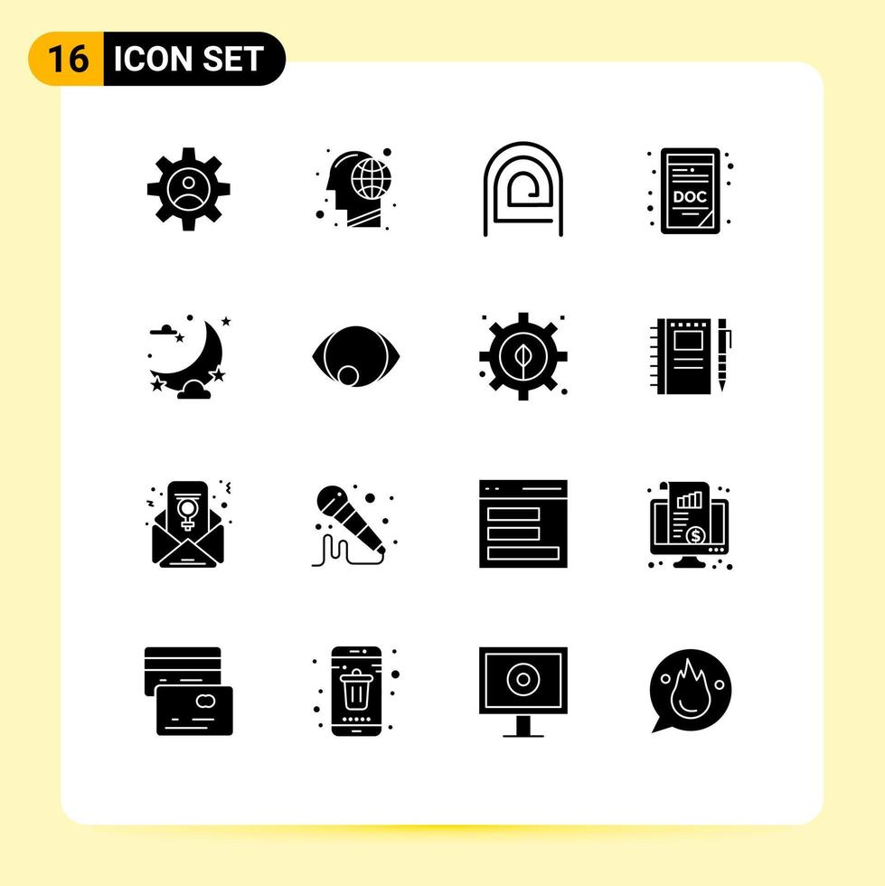 Modern Set of 16 Solid Glyphs Pictograph of celebration doc extension mind doc pattern Editable Vector Design Elements