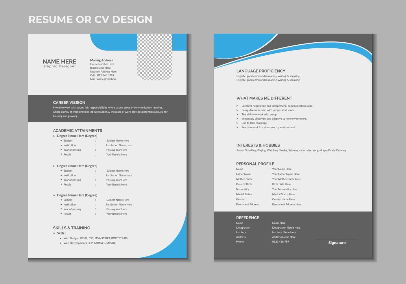 cv creativo profesional de páginas dobles o diseño de plantilla de currículum para una persona creativa sobre fondo blanco vector