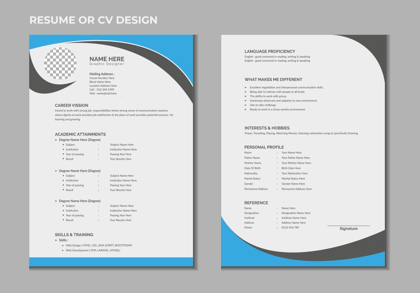 cv creativo profesional de páginas dobles o diseño de plantilla de currículum para una persona creativa sobre fondo blanco vector