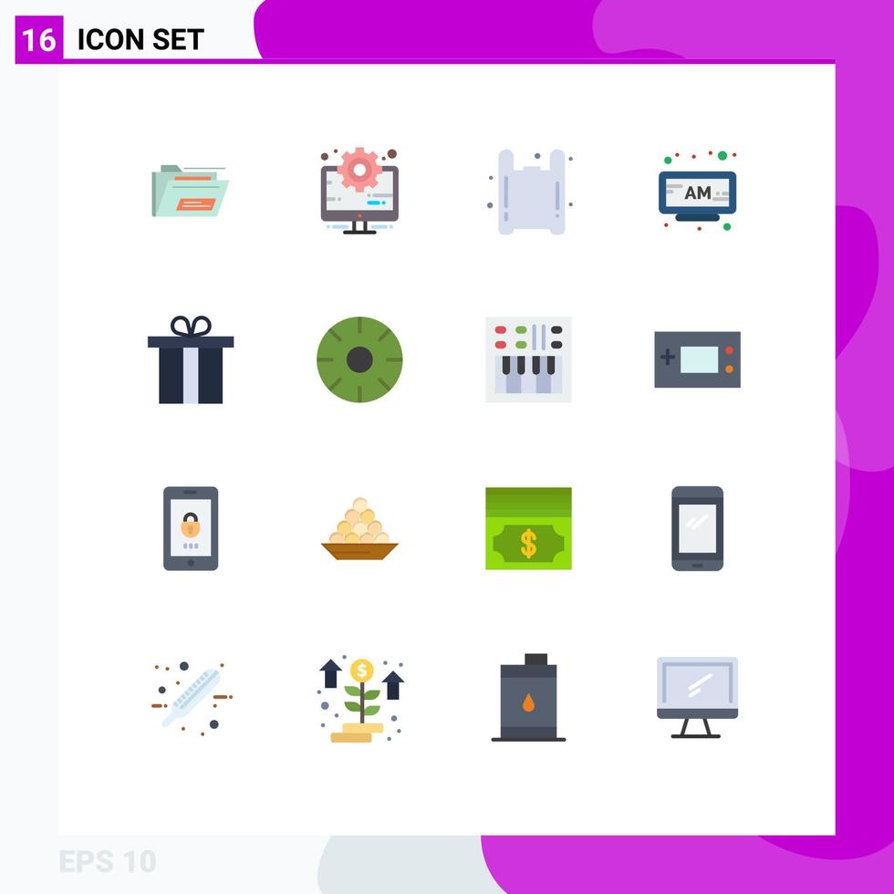 Flat Color Pack of 16 Universal Symbols of gift time bag clock alarm Editable Pack of Creative Vector Design Elements