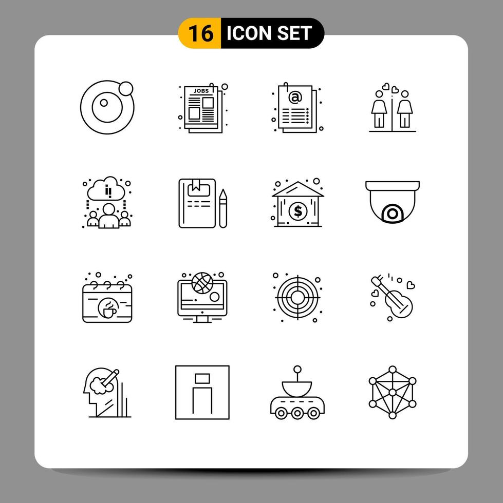 Set of 16 Modern UI Icons Symbols Signs for online cloud email signs couple Editable Vector Design Elements