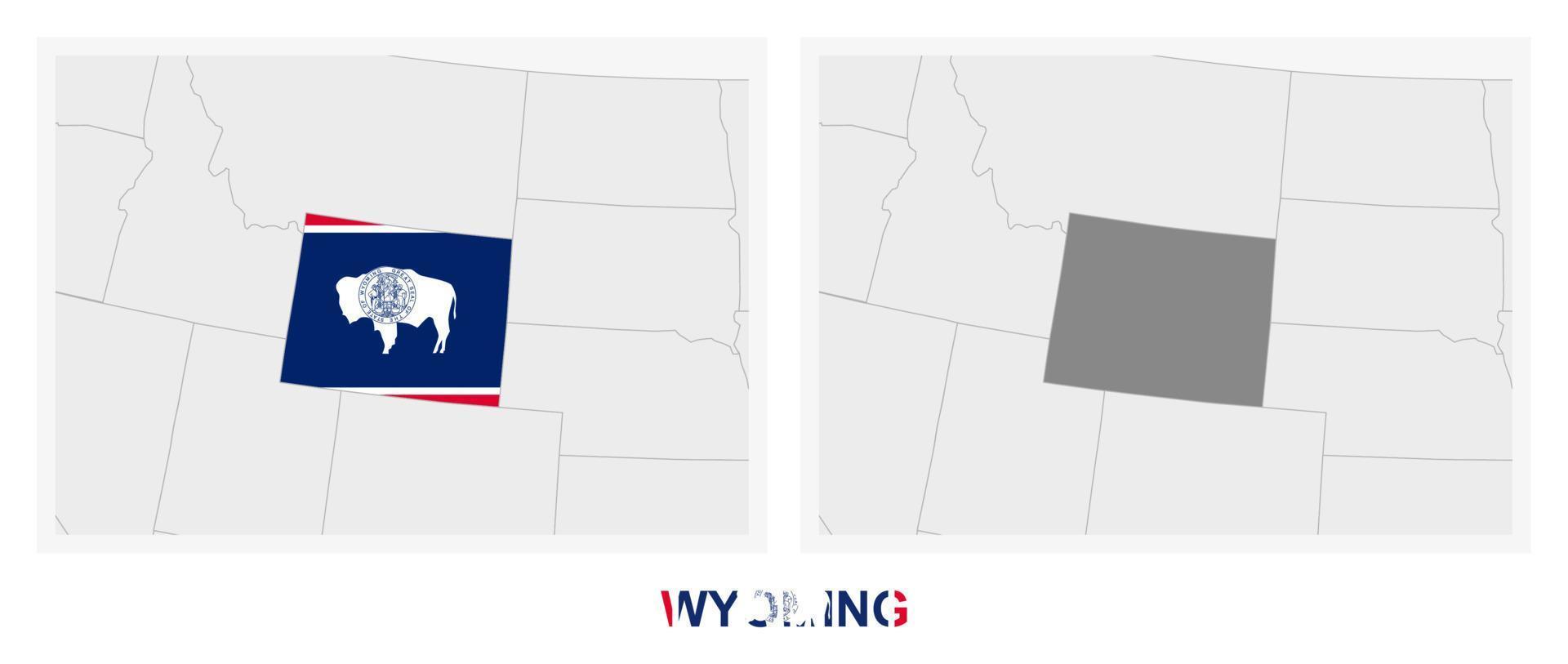 dos versiones del mapa del estado de wyoming, con la bandera de wyoming y resaltada en gris oscuro. vector