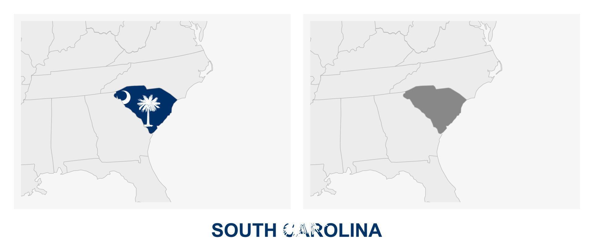 Two versions of the map of US State South Carolina, with the flag of South Carolina and highlighted in dark grey. vector