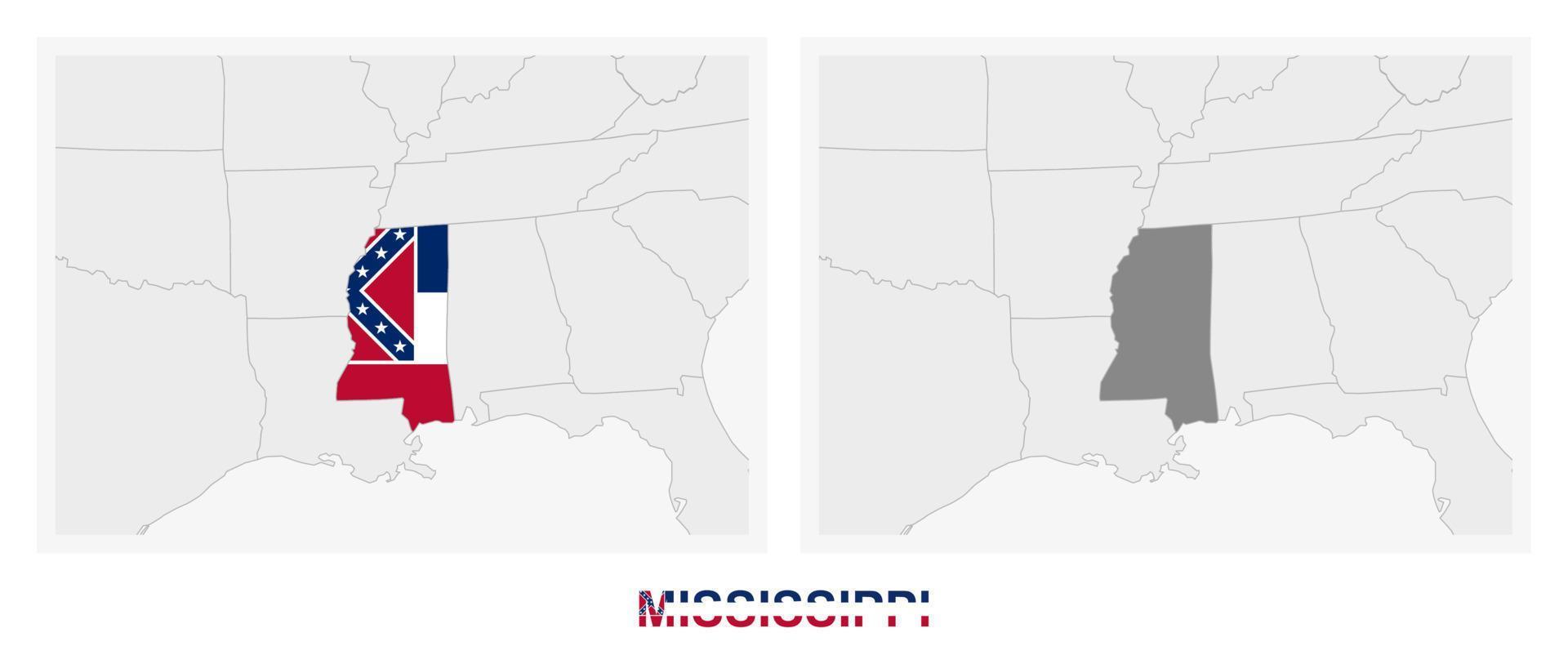 Two versions of the map of US State Mississippi, with the flag of Mississippi and highlighted in dark grey. vector
