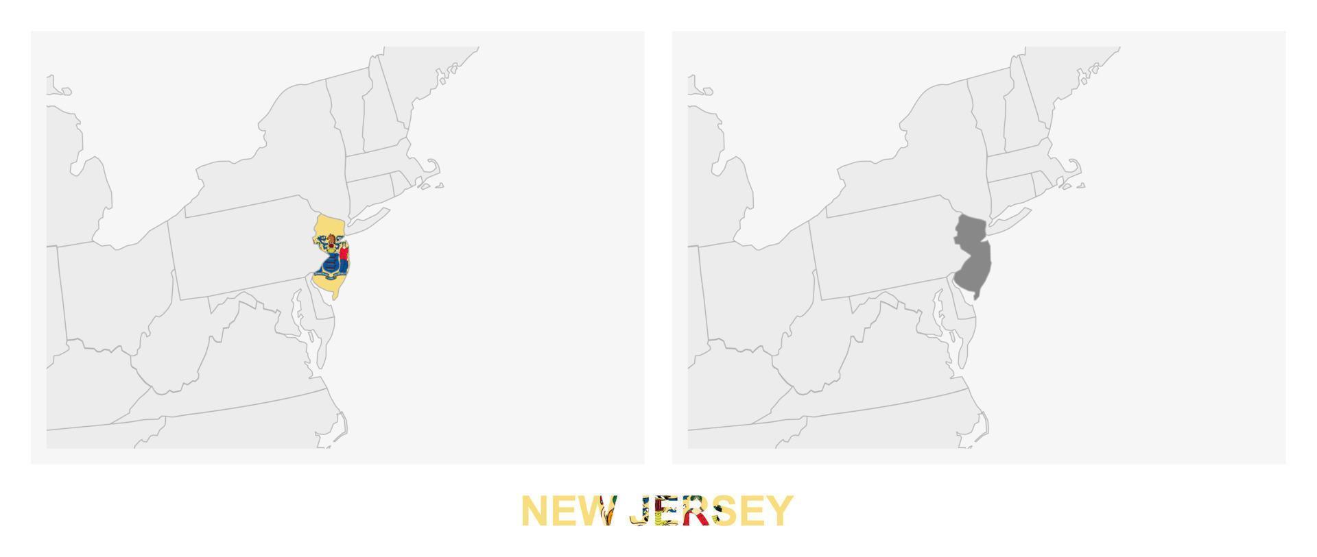 Two versions of the map of US State New Jersey, with the flag of New Jersey and highlighted in dark grey. vector