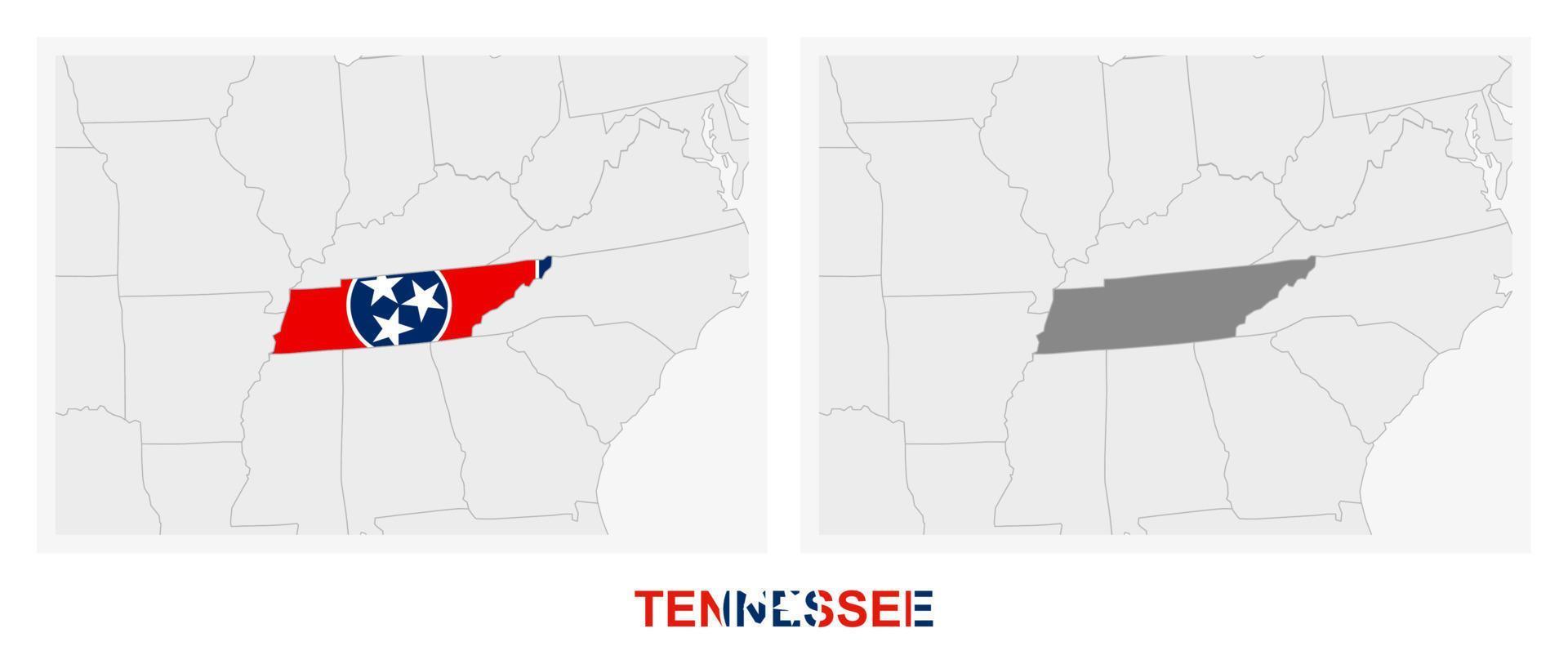 dos versiones del mapa de us state tennessee, con la bandera de tennessee y resaltada en gris oscuro. vector