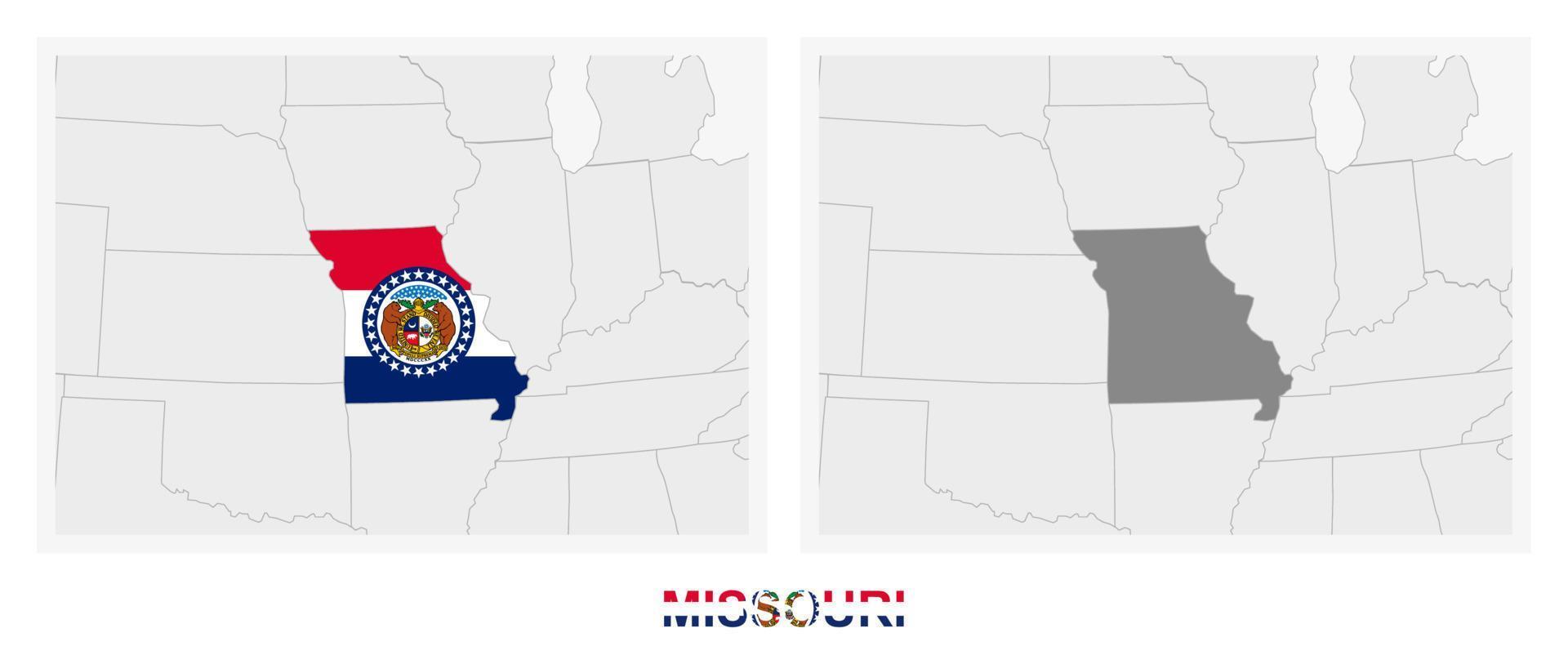 Two versions of the map of US State Missouri, with the flag of Missouri and highlighted in dark grey. vector