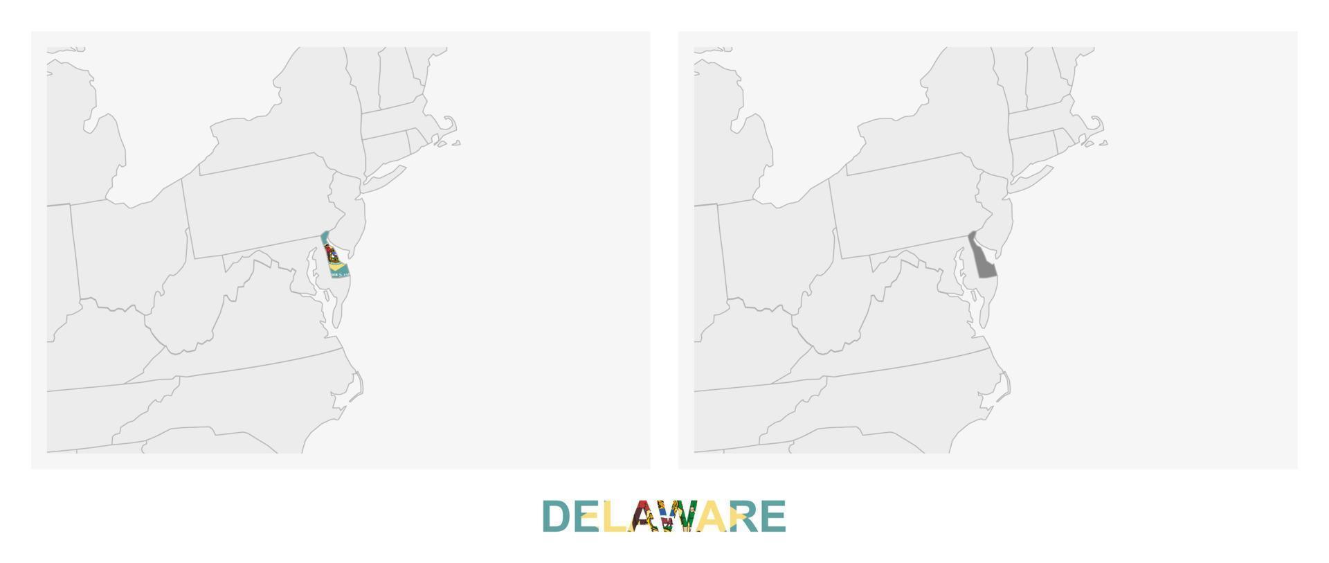 Two versions of the map of US State Delaware, with the flag of Delaware and highlighted in dark grey. vector