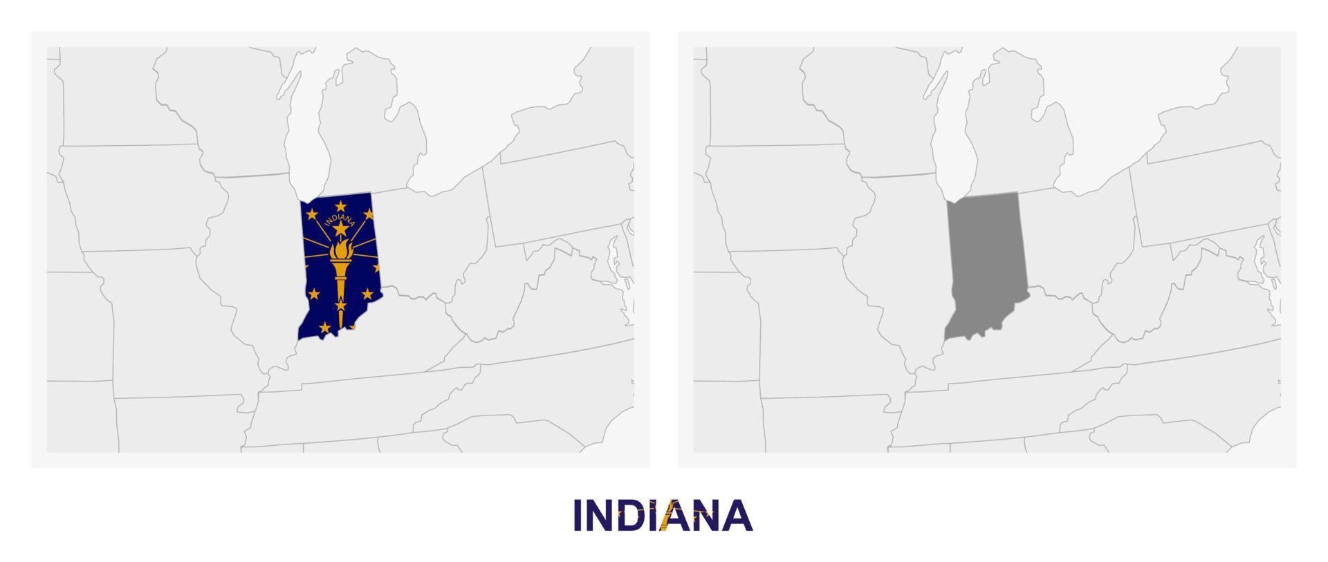 Two versions of the map of US State Indiana, with the flag of Indiana and highlighted in dark grey. vector