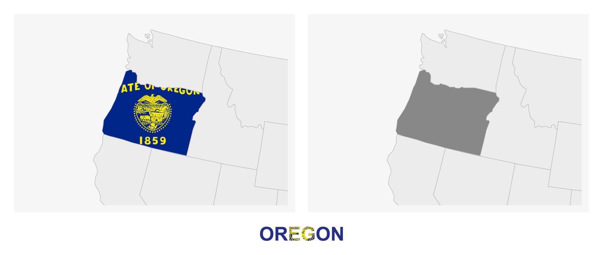 Two versions of the map of US State Oregon, with the flag of Oregon and highlighted in dark grey. vector