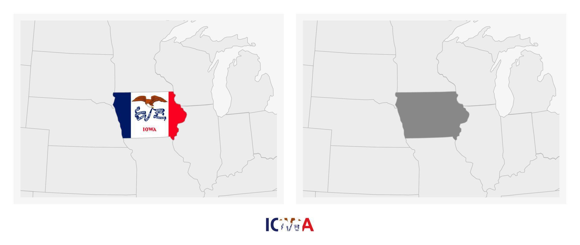 Two versions of the map of US State Iowa, with the flag of Iowa and highlighted in dark grey. vector