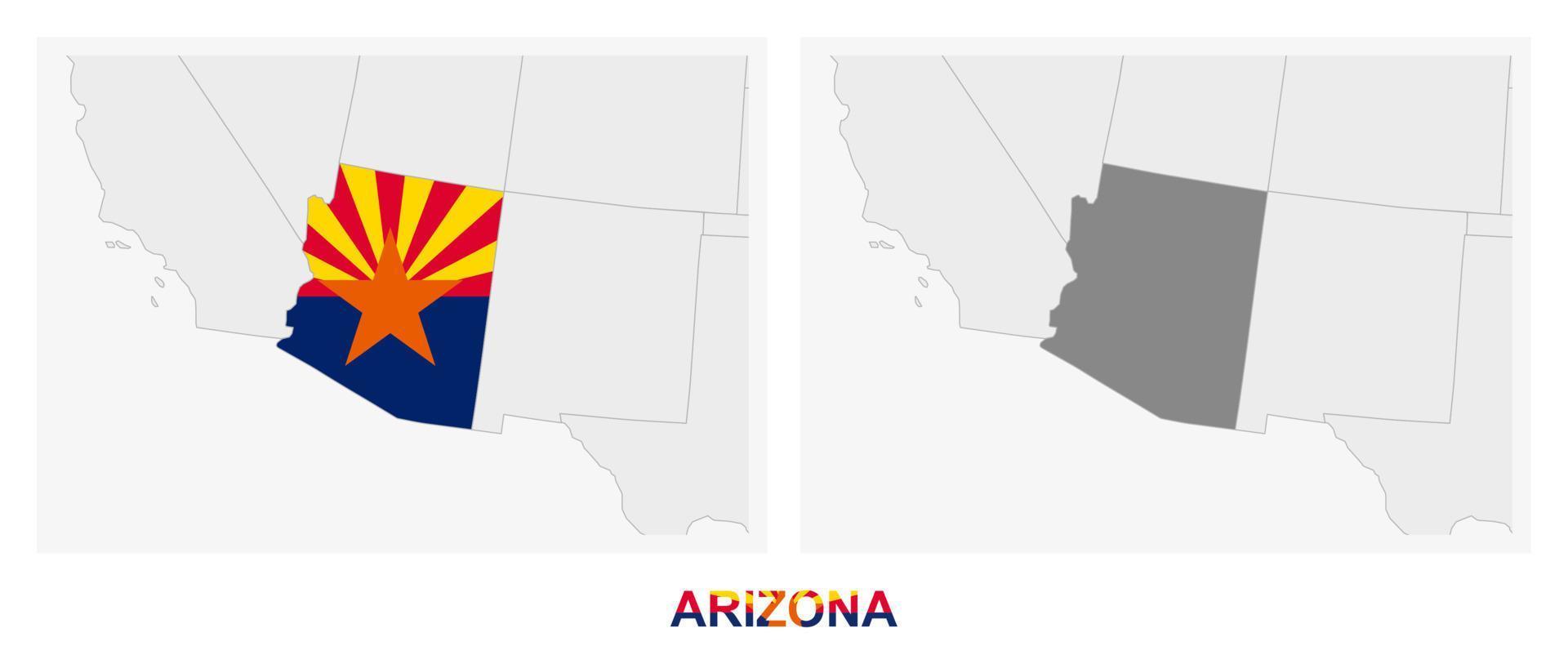 Two versions of the map of US State Arizona, with the flag of Arizona and highlighted in dark grey. vector