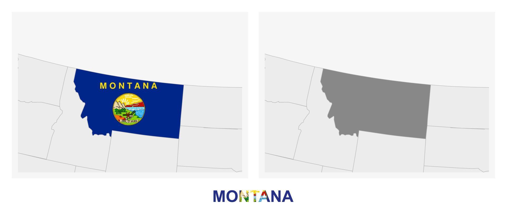 Two versions of the map of US State Montana, with the flag of Montana and highlighted in dark grey. vector