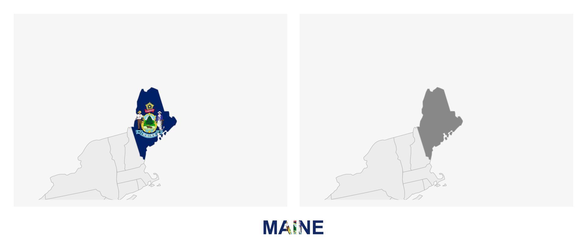 dos versiones del mapa del estado de maine, con la bandera de maine y resaltada en gris oscuro. vector