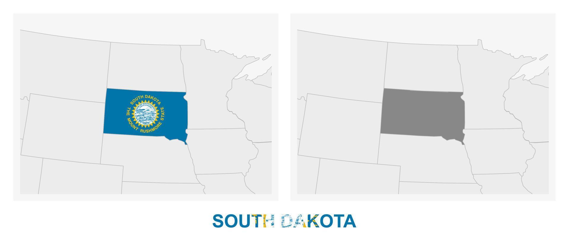 Two versions of the map of US State South Dakota, with the flag of South Dakota and highlighted in dark grey. vector