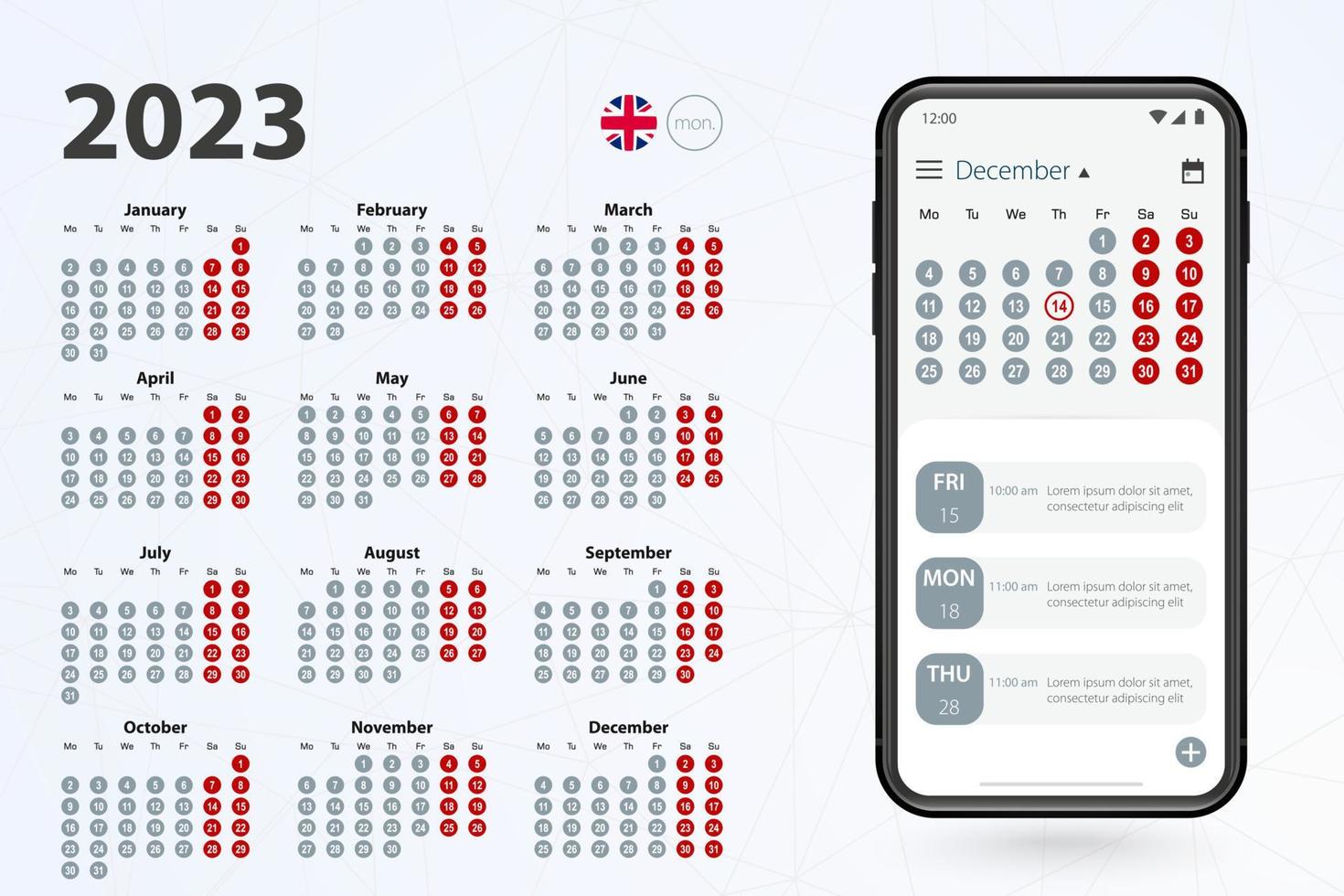 aplicación de calendario para teléfono celular, calendario vectorial 2023 estrellas de la semana a partir del lunes. vector