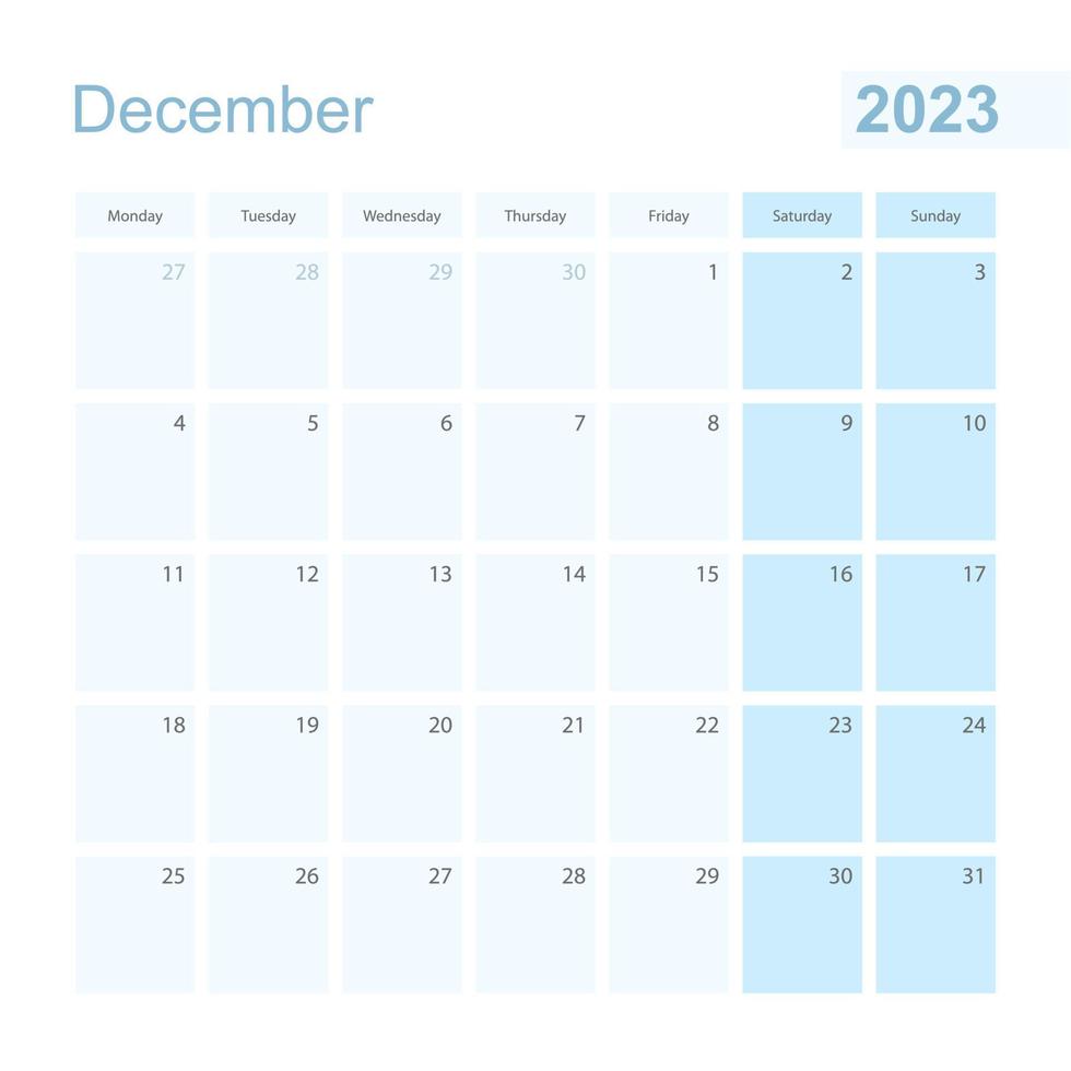 2023 December wall planner in blue pastel color, week starts on Monday. vector