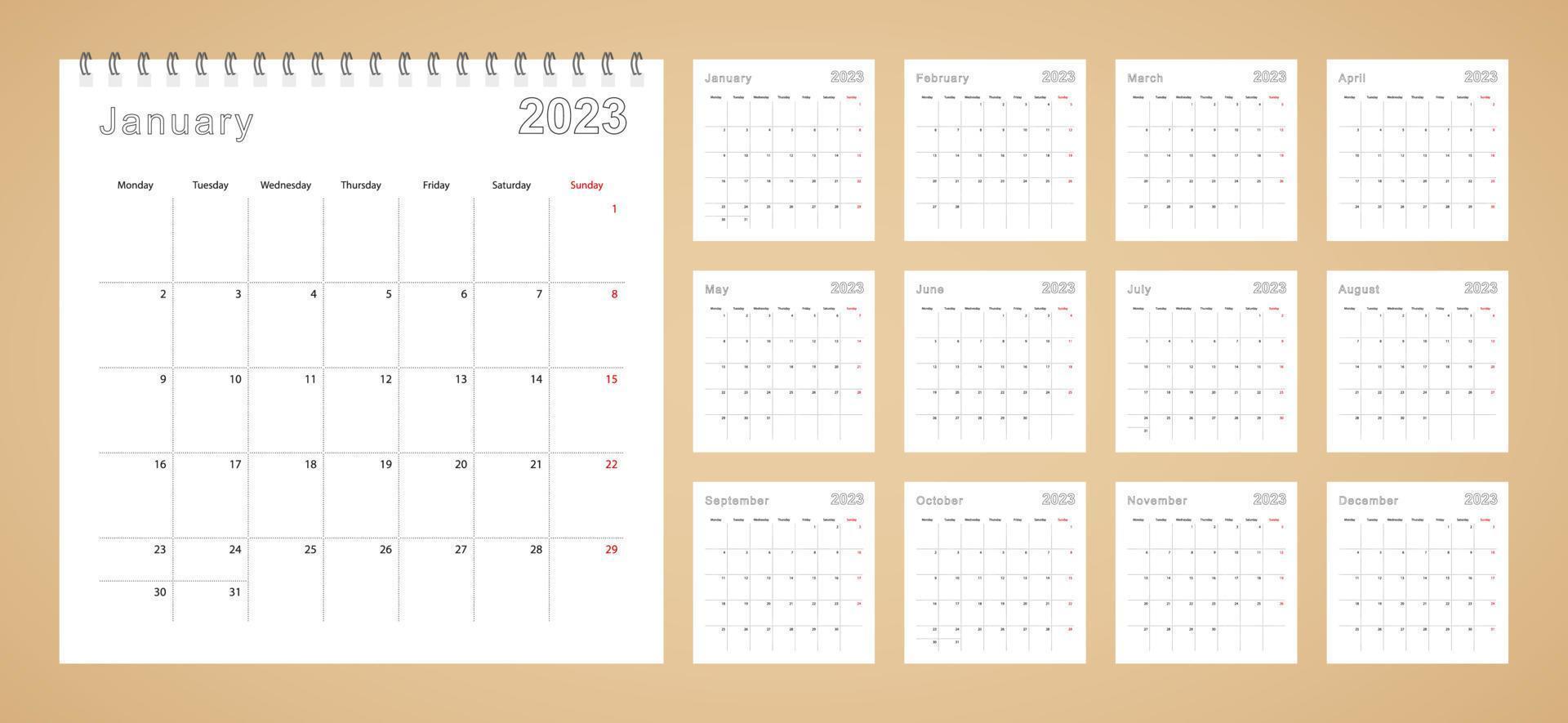 calendario de pared simple año 2023 con líneas punteadas. el calendario está en inglés, la semana comienza el lunes. vector