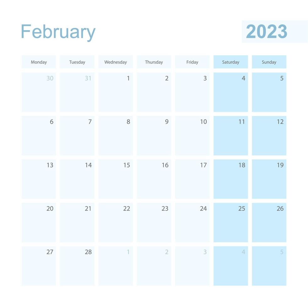 2023 February wall planner in blue pastel color, week starts on Monday. vector